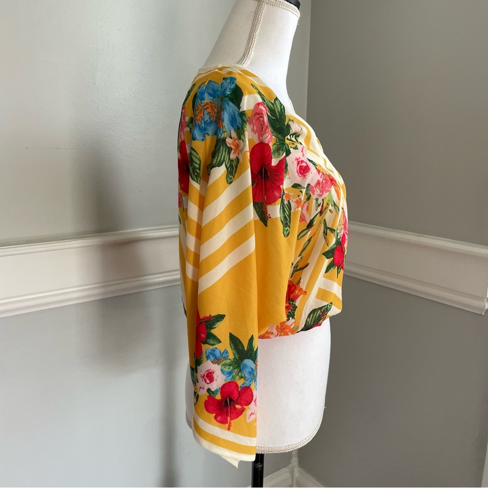 Flying Tomato Small Floral V-Neck Yellow Top Boho Tropical Faux Wrap Kimono - Picture 9 of 10